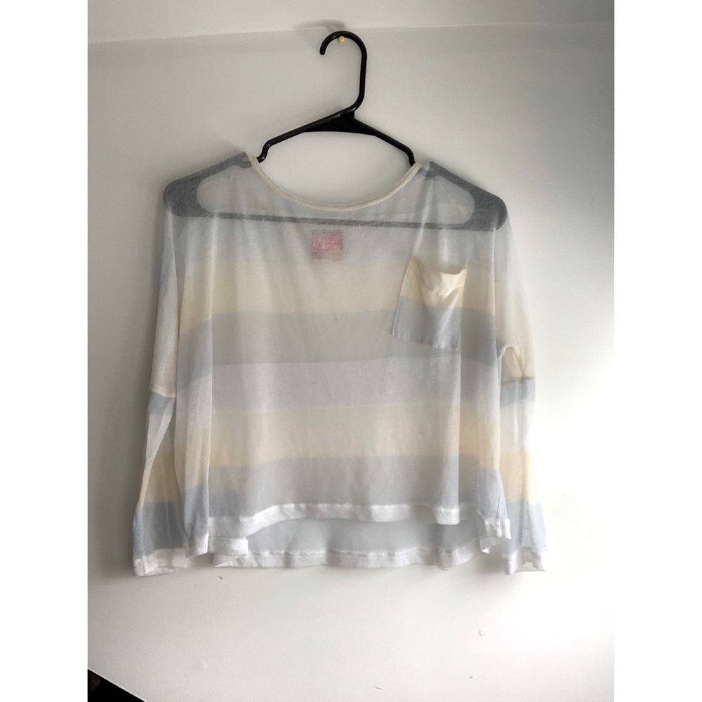 Free People Mesh Wide Striped White Yellow Blue Crop Top Women’s Long Sleeve